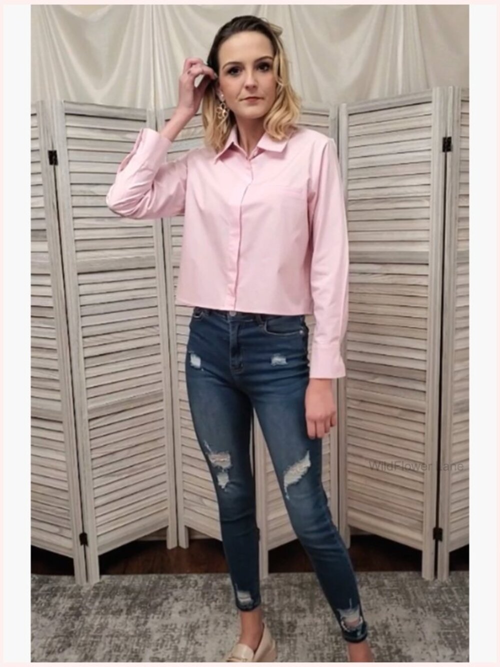 Button Down Crop Top Long Sleeve Blouse with Pocket - Picture 7 of 7